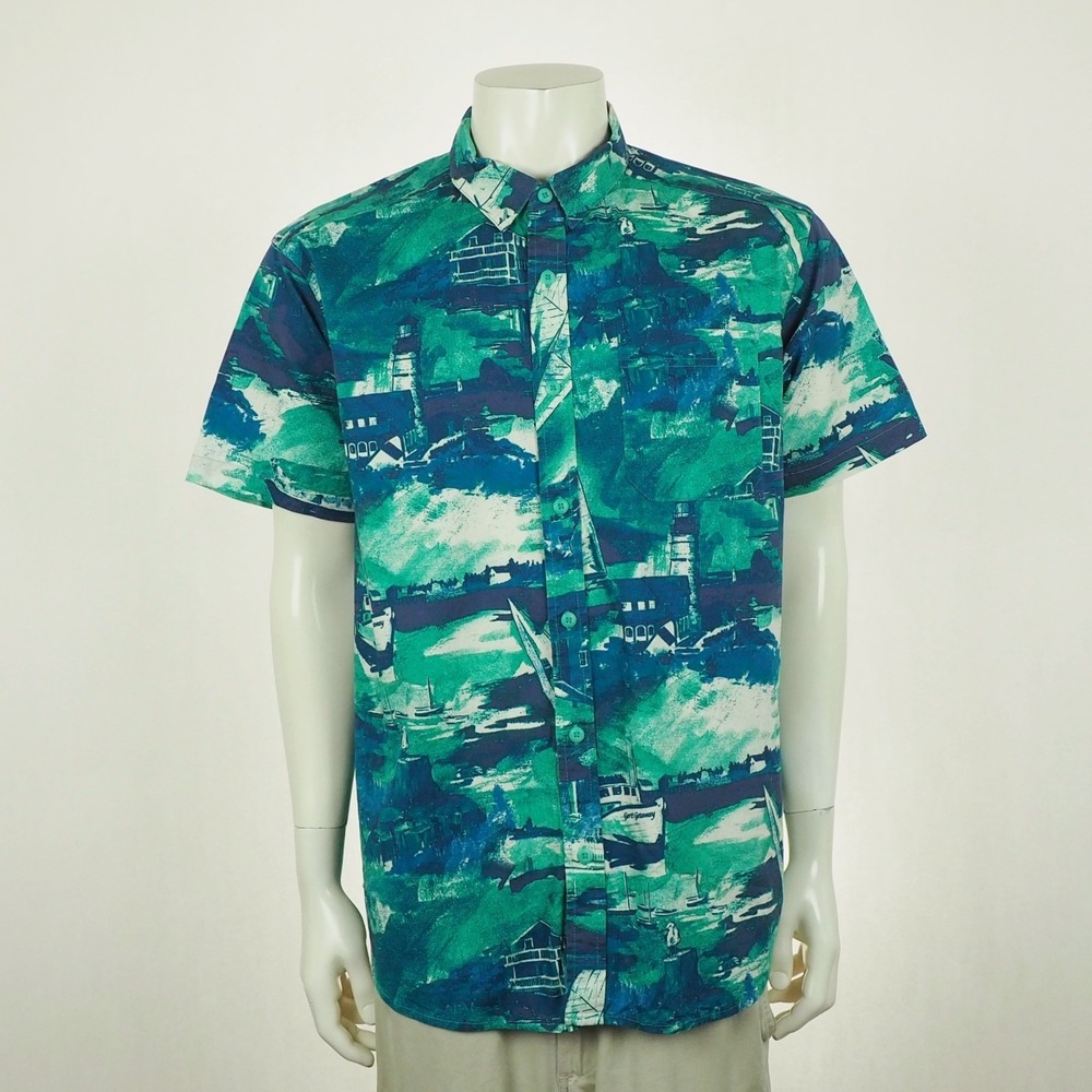 Columbia Rapid Rivers Printed Button Down Shirt Mens Large Blue AOP Boat Print